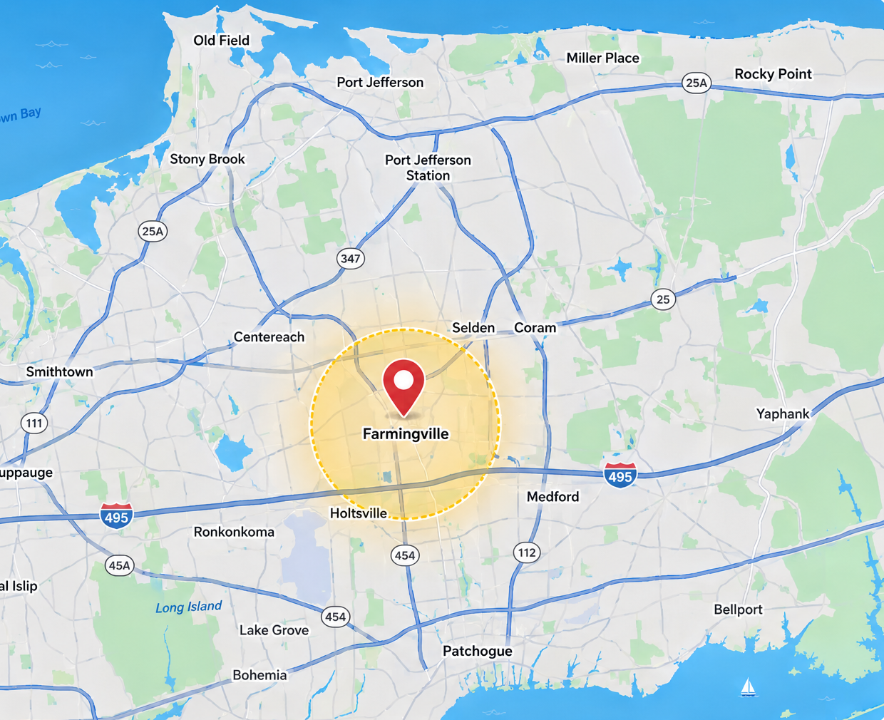 Carlitos Rentals service area map — Farmingville, NY and surrounding Long Island towns